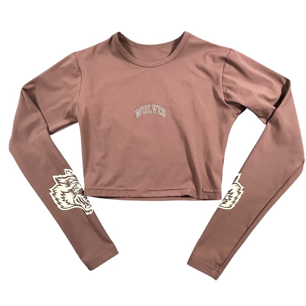 Darc Sport Wolves Long Sleeve Crop Top Mauve Pink Brown‎ Graphic Small